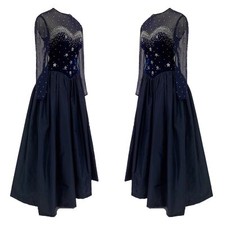 Vintage 1980s Victoria Royal Navy Nude Illusion Sweetheart Velvet Bodice Gown