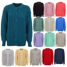 Women Cardigan Chunky Cable 7 Button Winter Knit Long Sleeve Aran Crew Neck Warm
