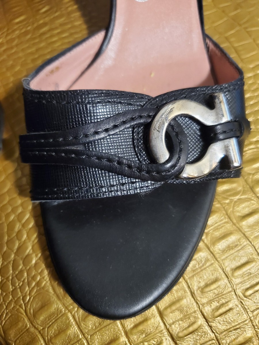 Salvatore Ferragamo Gancini Black Leather Mule Slides. Size