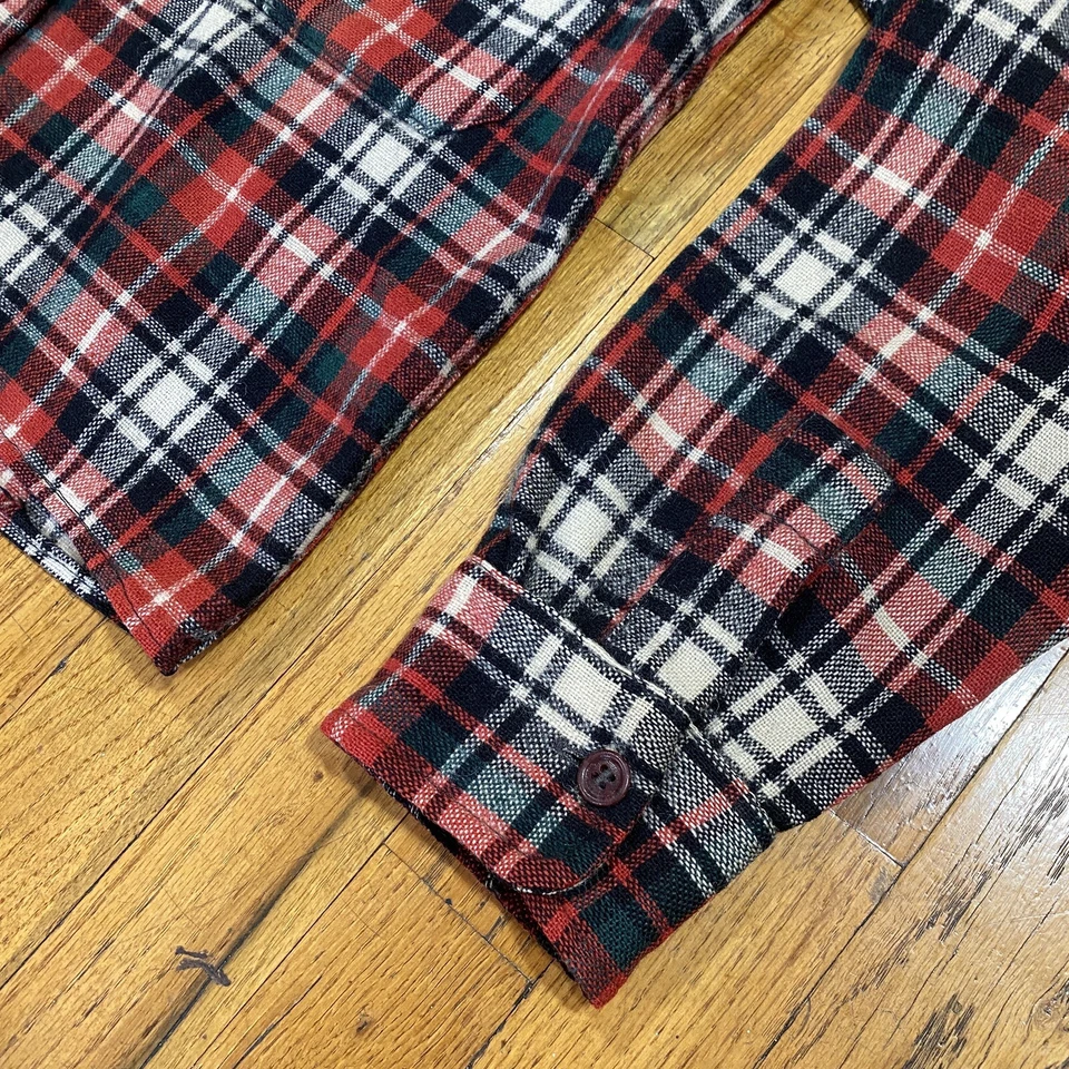 复古 50 年代 Buck Skein Joe 格子羊毛衬衫 M/L 方形法兰绒红色绿色裁剪 — 第 4/4 张图片