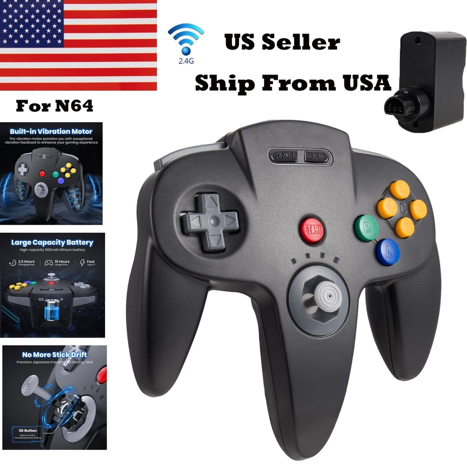 2.4G Wireless N64 Controller Rechargeable Gamedpad w/Rumble Pak for Nintendo 64 - Image 2 of 4