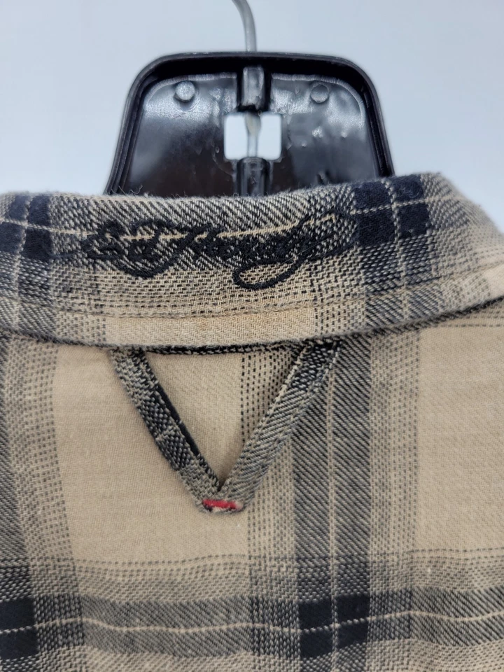 Camisa Ed Hardy Para Hombres Medum Bronceada Negra A Cuadros Manga Larga Abotonada Algodón Y2K Retro Foto 3 de 4