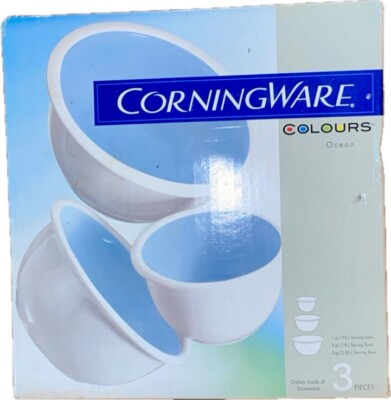 NEW CorningWare Stoneware Mixing Bowl Set Ocean Blue Set Of 3 OVEN TO TABLE NIB