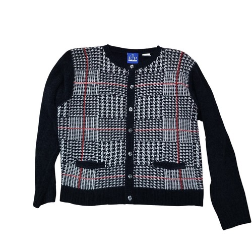 Vintage E. P. Pro Women's Sweater Golf Plaid Black Button Up Size M