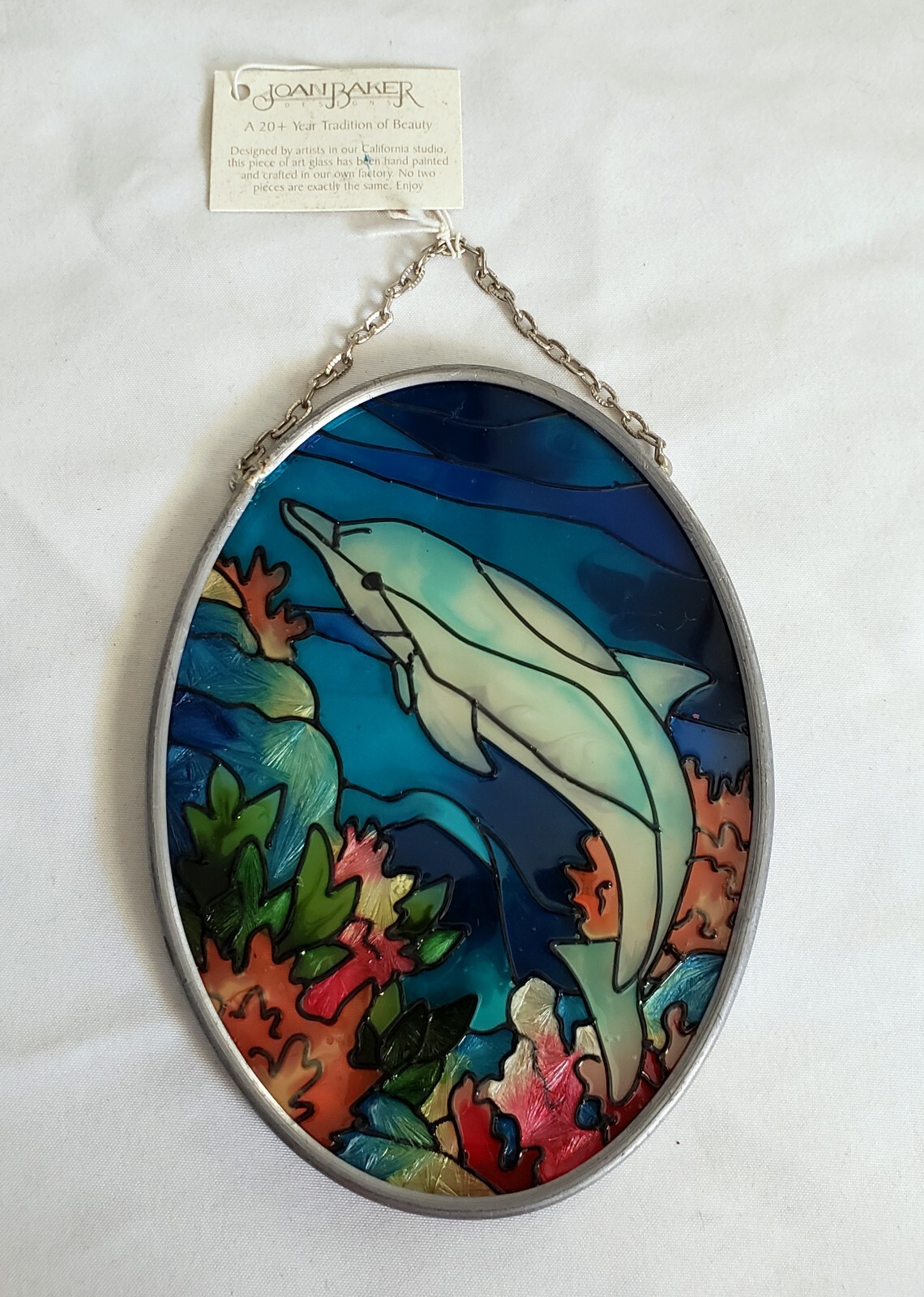 Joan Baker Designs HandPainted Stained Glass Dolphin Suncatcher 4.5" x