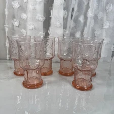 Set of 6 Libbey Pink Daisy Embossed Glasses Country Garden Pink Vintage 1970s