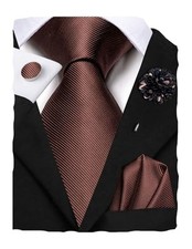 Men's Tie Lapel Pin Set Pocket Square Cufflinks Formal Woven Dark Brown Stripe