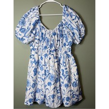 H&M Women's Blue Floral Puff-Sleeve Dress - White & Blue NWT XL