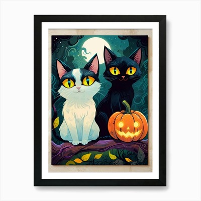 Katze und Kürbis Gemälde Kunstdruck gerahmt Wandbild Poster Leinwanddruck Bild