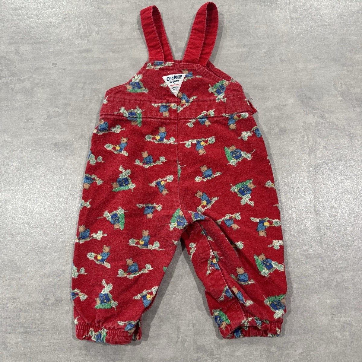 Vintage OshKosh B'gosh Vestback Overalls Cowboy Bears Red Corduroy