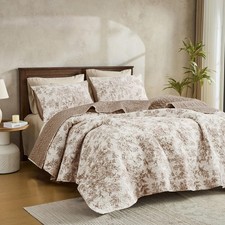 Taupe Floral Quilt Set King Size, Reversible Cotton Quilt Bedding Set for Kin...