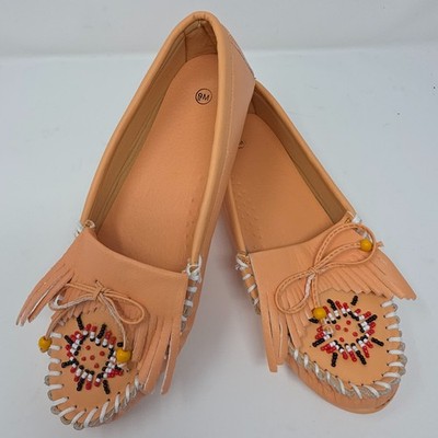 Designer Moccasin Loafer Shoes Womens 9M Apricot Leather Beaded Low Top Slip On