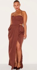 NWT Women's Pretty Little Thing Plus Corset Ruched Maxi Dress Chocolate 20
