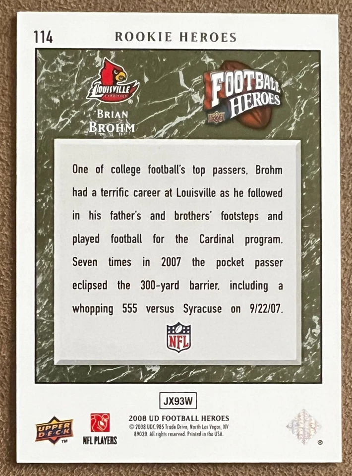 2008 Upper Deck Heroes Green /350 Brian Brohm Rookie #114 Louisville Numbered RC - Image 2 of 3