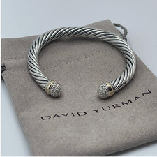 David Yurman Sterling Silver 7mm Cable Cuff Diamond Tips & 18k Gold Bracelet