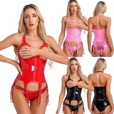 Women Open Chest Backless Bustier Halter Patent Leather Camisole Belts Clubwear