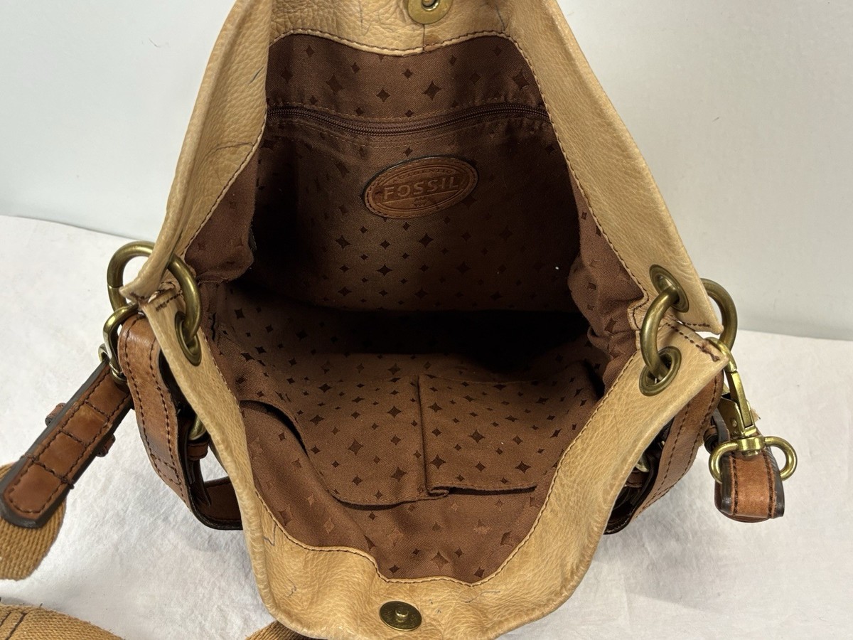 Fossil Explorer Leather Hobo Shoulder Crossbody Satchel Bag Purse Tan/Camel READ View 6