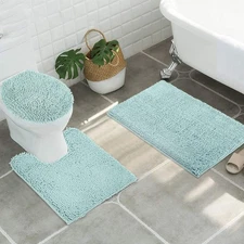 3pc Non-Slip Shaggy Chenille Bathroom Mat Set, Includes 24 x 21 Inches U-Shap...