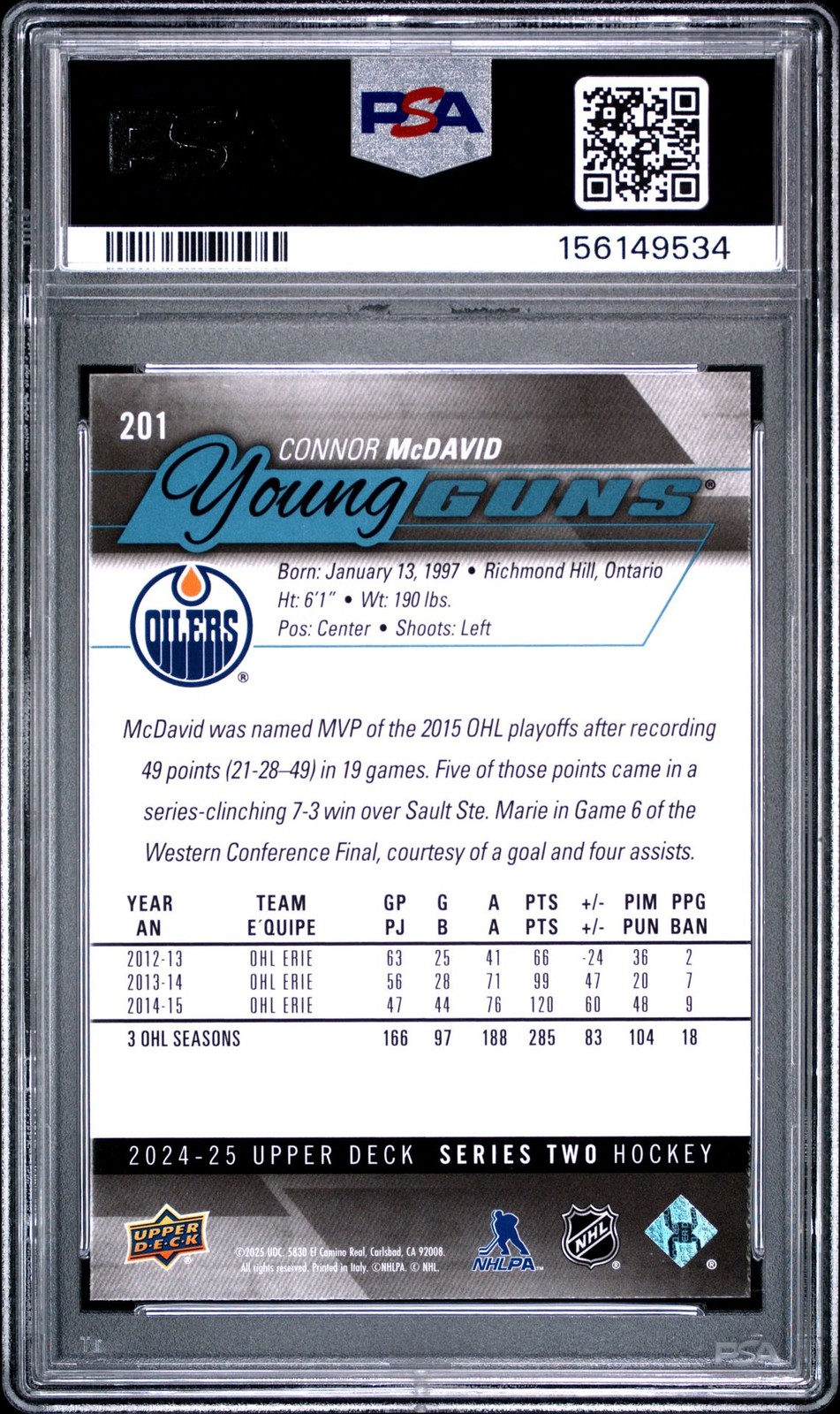 2024 Upper Deck Young Guns Renewed #201 Connor Mcdavid PSA 9 view 2