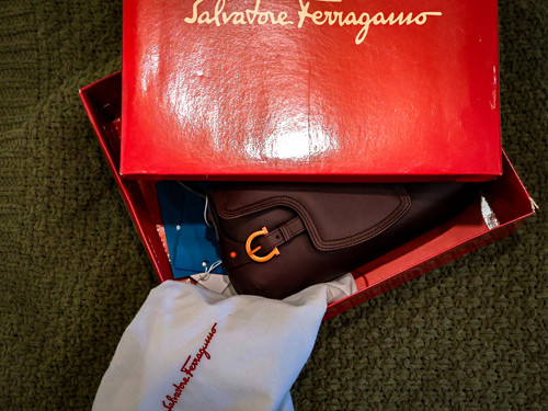 Salvatore Ferragamo Gancini Leather Shoulder Bag Fondente Brown Box Dust Bag
