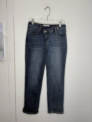 Risen Jeans Womens 29 Crossover Button Mid Rise Skinny Fit Dark Wash Casual