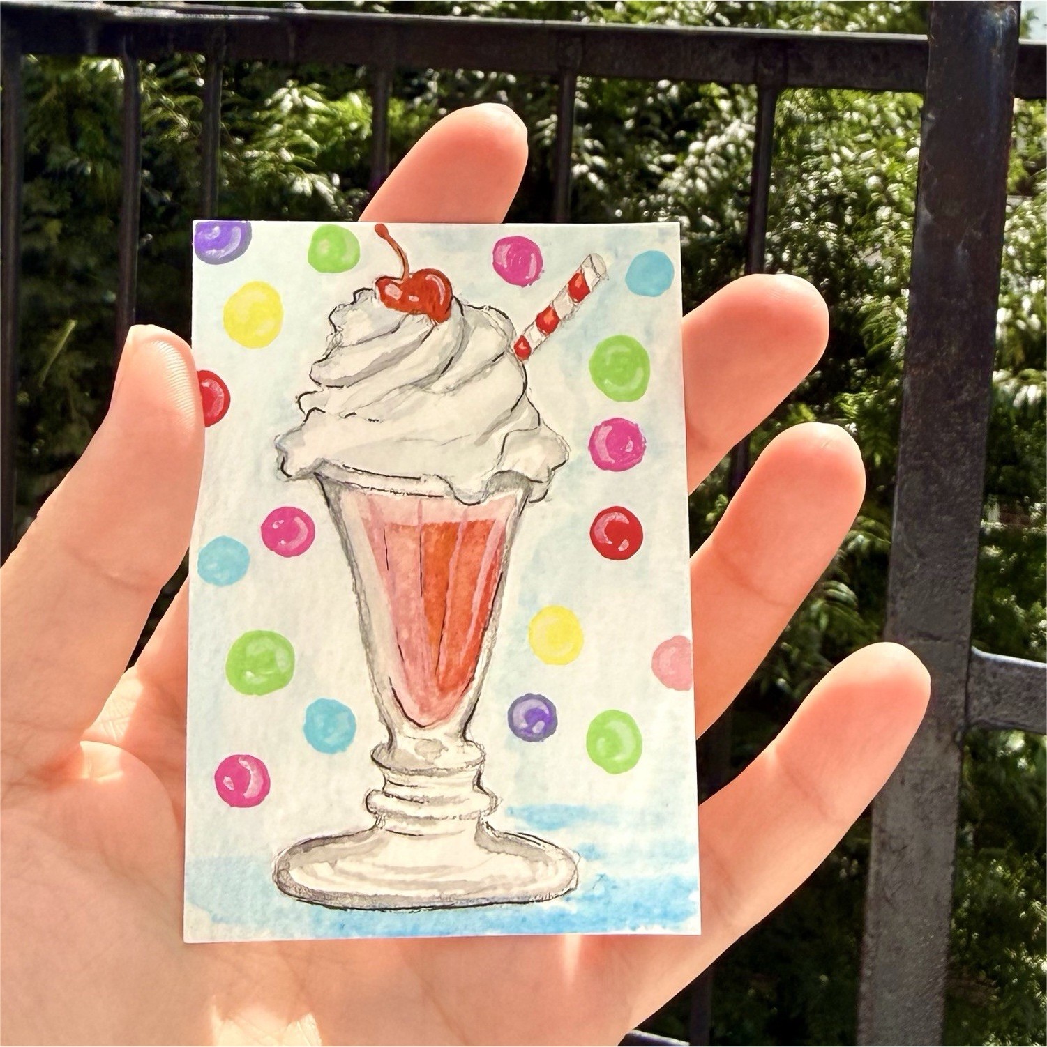 ACEO Hand-painted Ice Cream Sundae/ Milkshake Illustration Drawing, Polka Dots