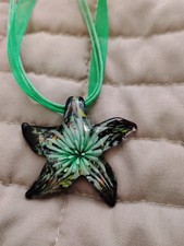 Hand Blown Murano Style Glass,Green Flower Pendant Necklace Star Fish Shape.11