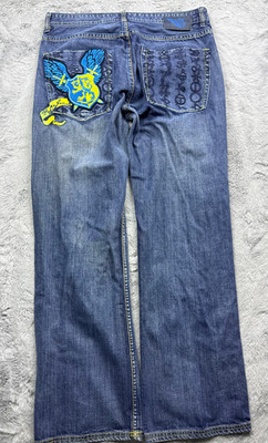 Vintage Pepe Jeans London 38x32 Y2K Blue Embroidered Paint Splatter Boot Cut