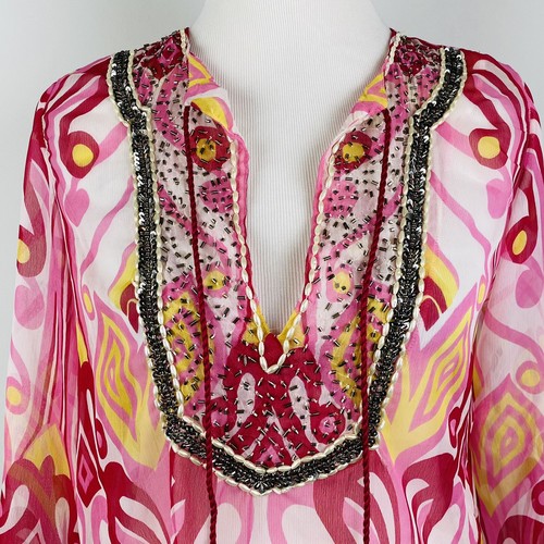 Blusa túnica top Kate & Mallory diseño años 60 estilo mujer pequeña rosa con cuentas delanteras - Imagen 2 de 7