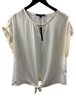 NWT Harve Benard off white sheer blouse tie waist cap sleeve Large career layer