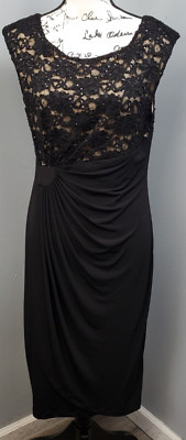 Connected Apparel Bodycon Dress Womens Size 14 Black Tan Lace Pleated Round Neck