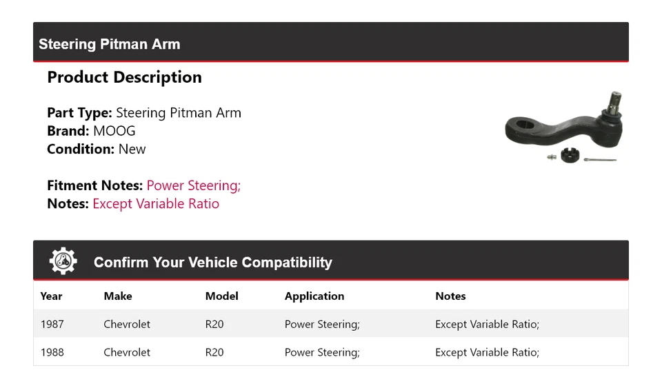 Brazo de dirección Pitman MOOG para Chevrolet R20 1987-1988 Foto 2 de 4