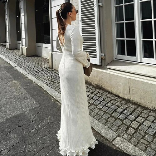 Flare Sleeve Round Neck White Maxi Dress Fashion Lace Up Elegant Long Dresses - Bild 9 von 21