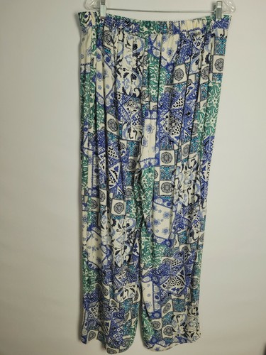 Floral Wide Leg Pants 18W Beige Blue Green Elastic Back Waist - Picture 3 of 6