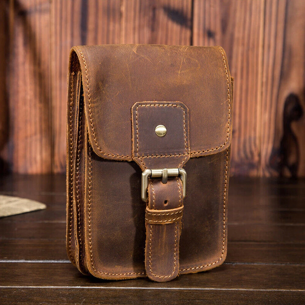 Crazy Horse Leather Men Small Waist Bag Pouch Hook Fanny Waist Belt Pack#