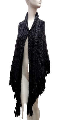 BIG KNIT Fringe SHAWL WRAP Scarf Dark Black Gun Metal Tones Bohemian Style Large