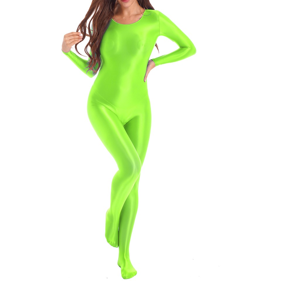 Womens Oil Glossy Full Body Bodysuit Silky Solid Color Long Sleeve ...