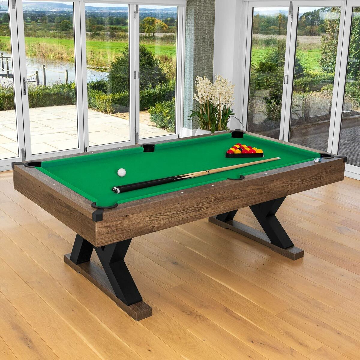 PINPOINT Pool Table | 7FT WOODEN FINISH TABLE + 2x Cues, Balls, Chalk &  Triangle