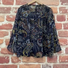 Style & Co Top Womens Small Blue Multicolor Boho Floral Paisley Sheer Shirt