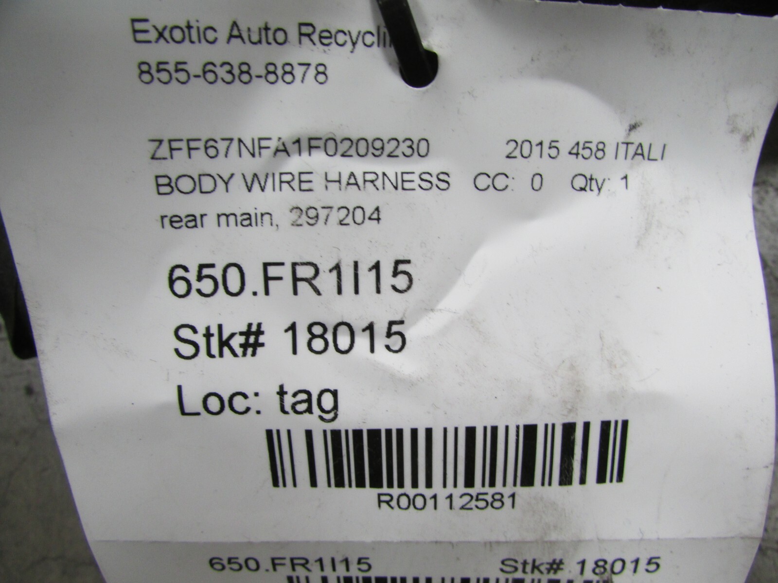 Ferrari 458 Italia, Rear Main Body Wire Harness, Used, P/N 297204