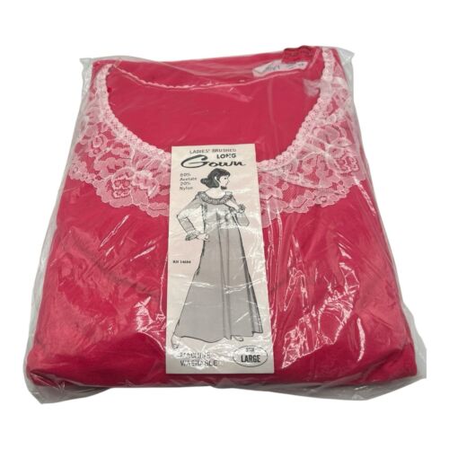 Lot of 2 Women Long Brushed Nightgown Size L Coral Pink Lace Trim New Old Stock - Picture 2 of 15