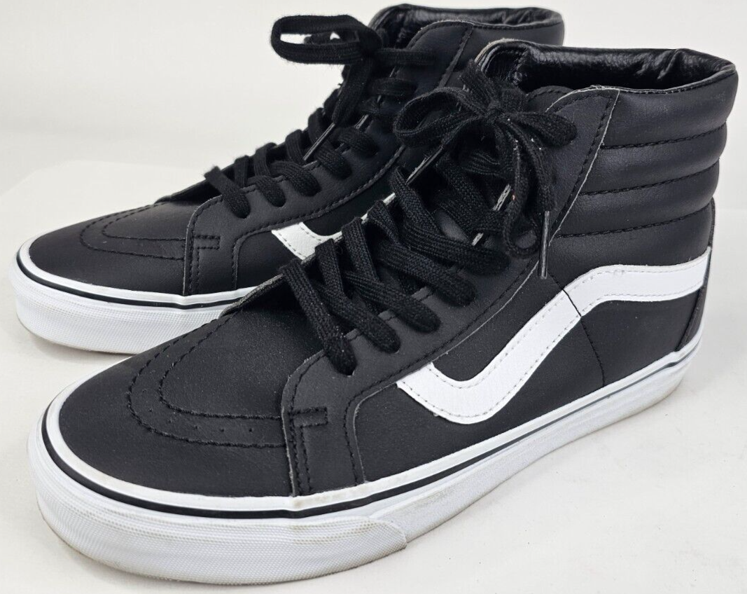 VANS SK8 HI TOP REISSUE LEATHER BLACK WHITE SHOES SKATE MEN'S 7.5 WOMEN'S 9