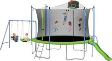 14FT Outdoor Trampoline w/Swing, Slide, Basketball Hoop, Safety Enclosure Ladder