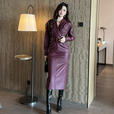 American Style Women Slim Fit Long Sleeve PU Leather Dress Hip Wrap Lapel  Collar | eBay