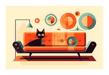 1960s Kitschy Mid Century Modern Cat Art Print pj3