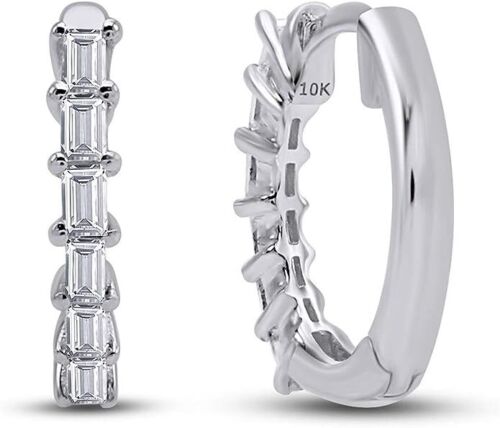 1/4ct Taper Cut White Natural Diamond Huggie Hoop Earring In 10k Solid Gold - Picture 3 of 7