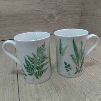 2 Dunelm Fern Palace Tassen Bone China Creme Grün Tee Kaffeetassen