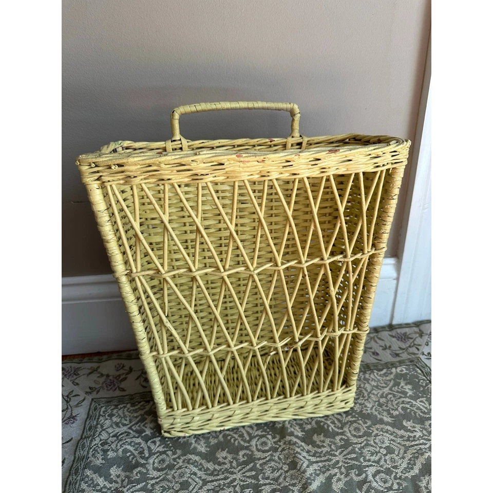 Vintage wicker wall hanging basket magazine organizer rattan yellow bohemian  - Image 3 of 4