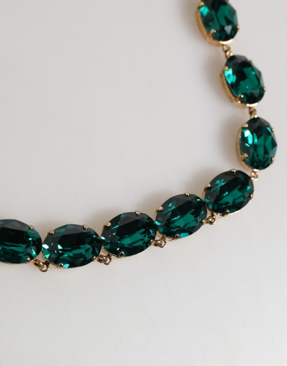 DOLCE & GABBANA Necklace Red Rose Green Crystal Gold-Tone Chain