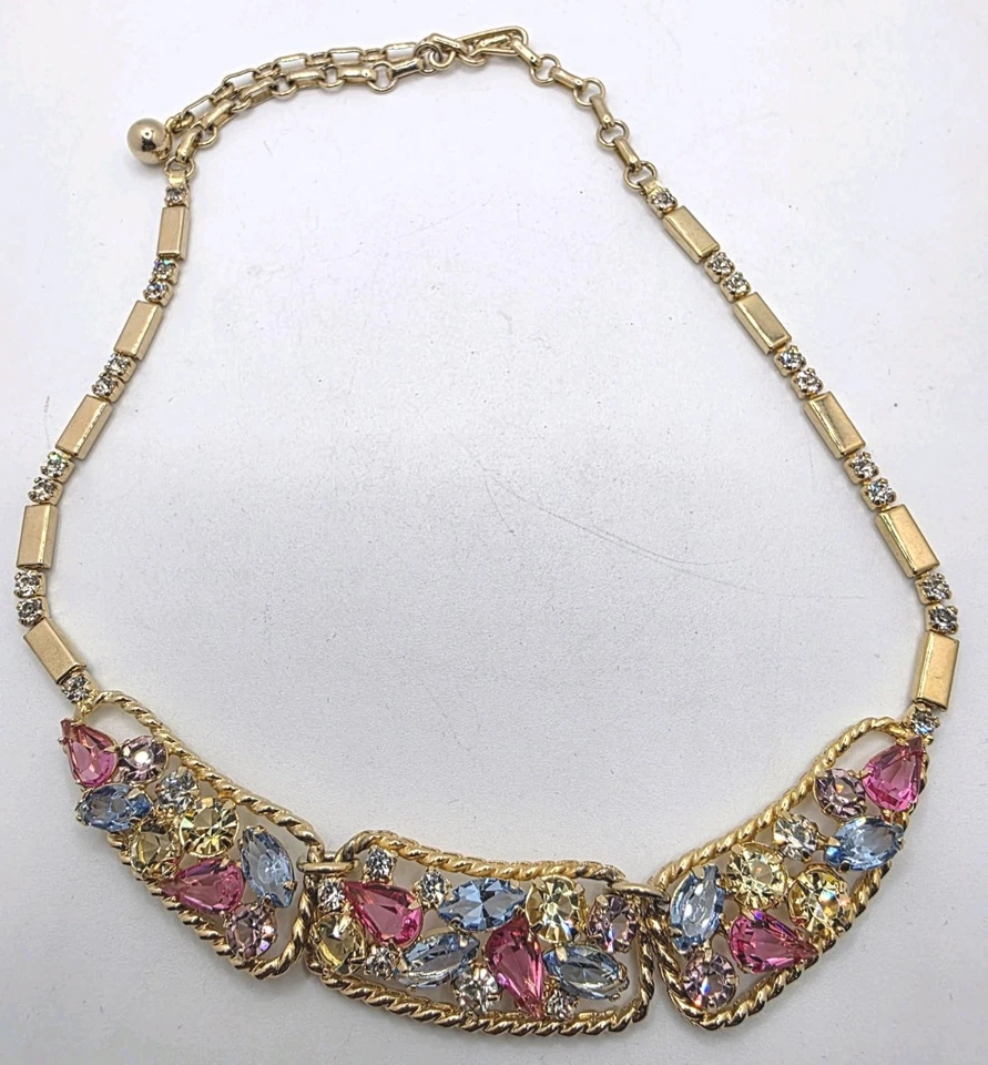 Винтажный Hi End пастельный розовый, синий, желтый, фиолетовый стекла ожерелье/серьги комплект - Изображение 3 из 4